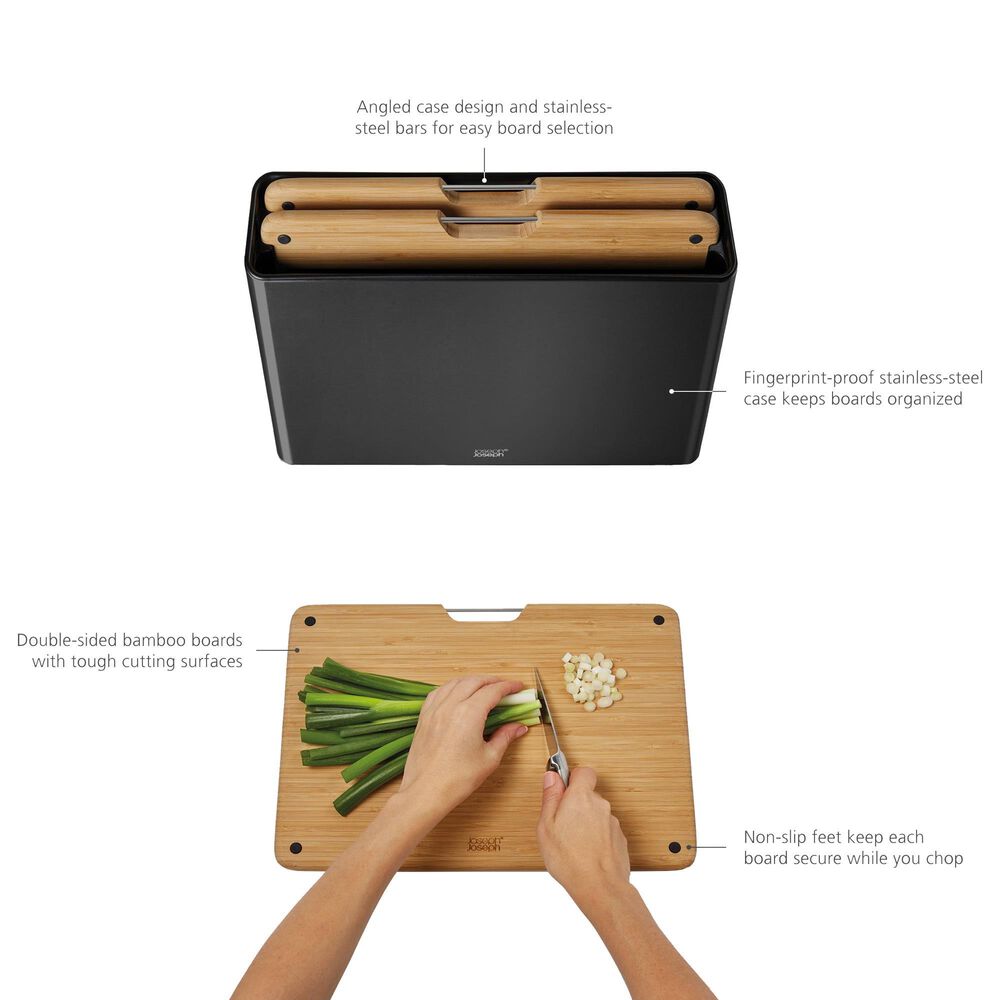Joseph Joseph Folio 3-Piece Cutting Board Set with Stainless-Steel Case in Black, , large