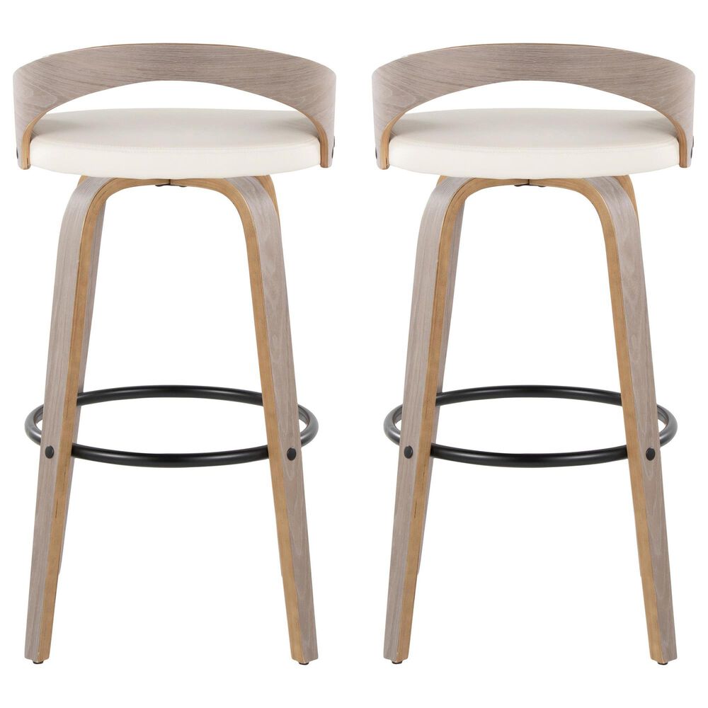 LumiSource Grotto 30" Swivel Barstool with White Faux Leather Upholstery in Light Grey and Black (Set of 2), , large