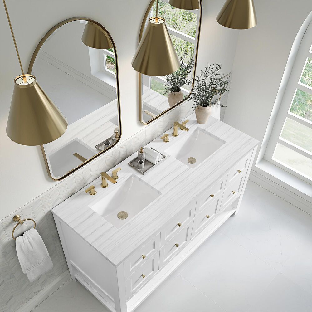 James Martin Vanities Breckenridge 60&quot; Double Bathroom Vanity in Bright White with 3 cm Arctic Fall Solid Surface Top and Rectangular Sinks, , large