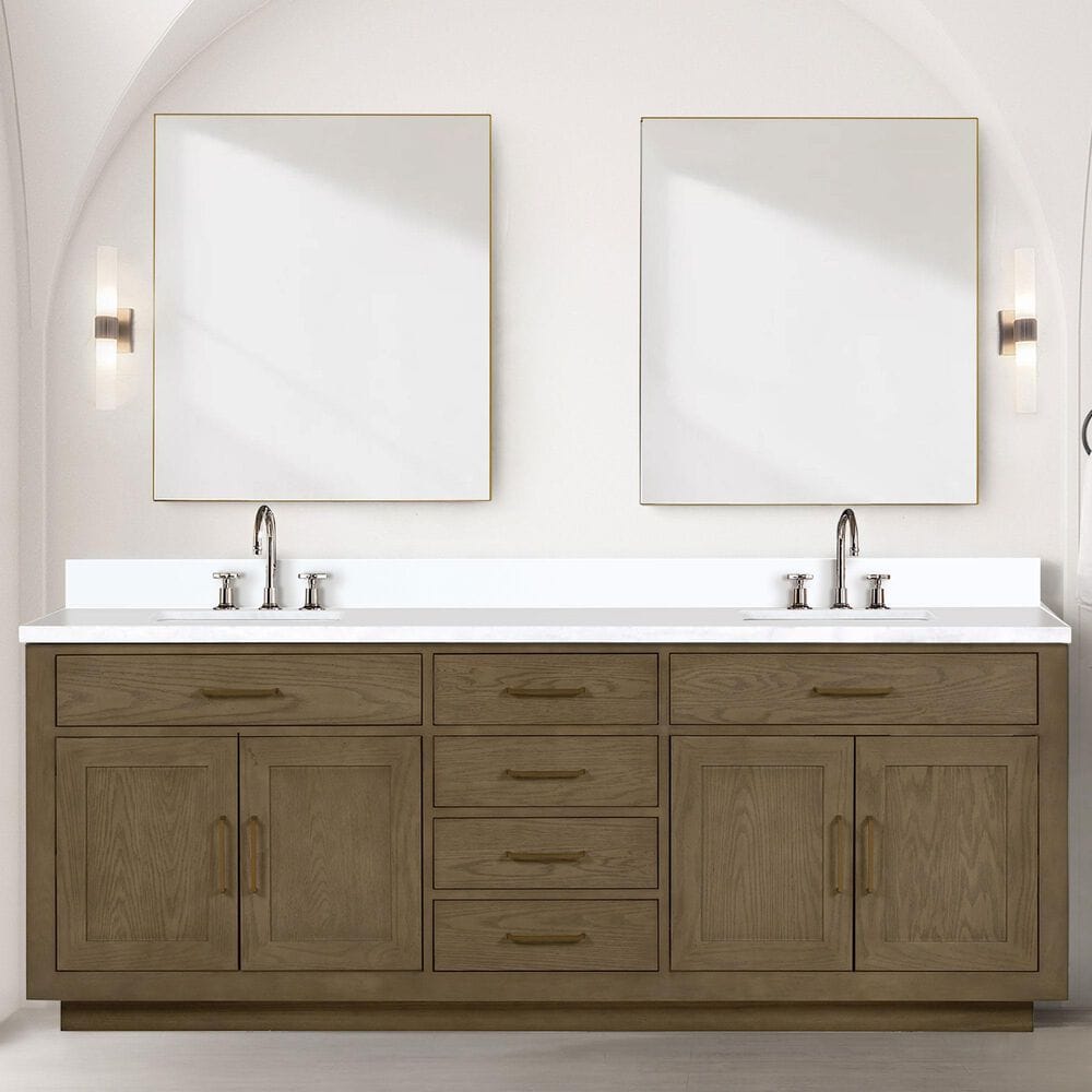 Lexora Home Abbey 84&quot; Double Bathroom Vanity in Grey Oak with 2 cm White Quartz Top and Rectangular Sinks, , large