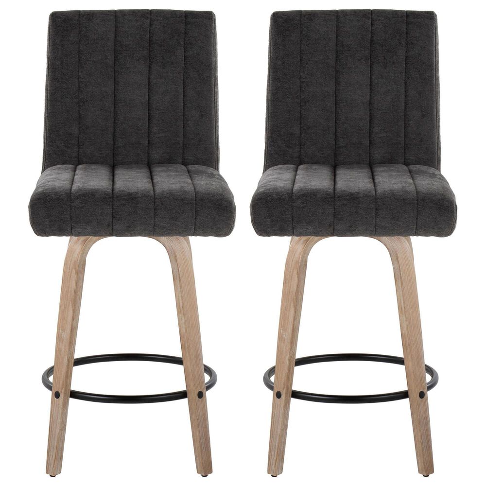 LumiSource Hank Swivel Counter Stool with Black Fabric Upholstery in Whitewashed and Black (Set of 2), , large