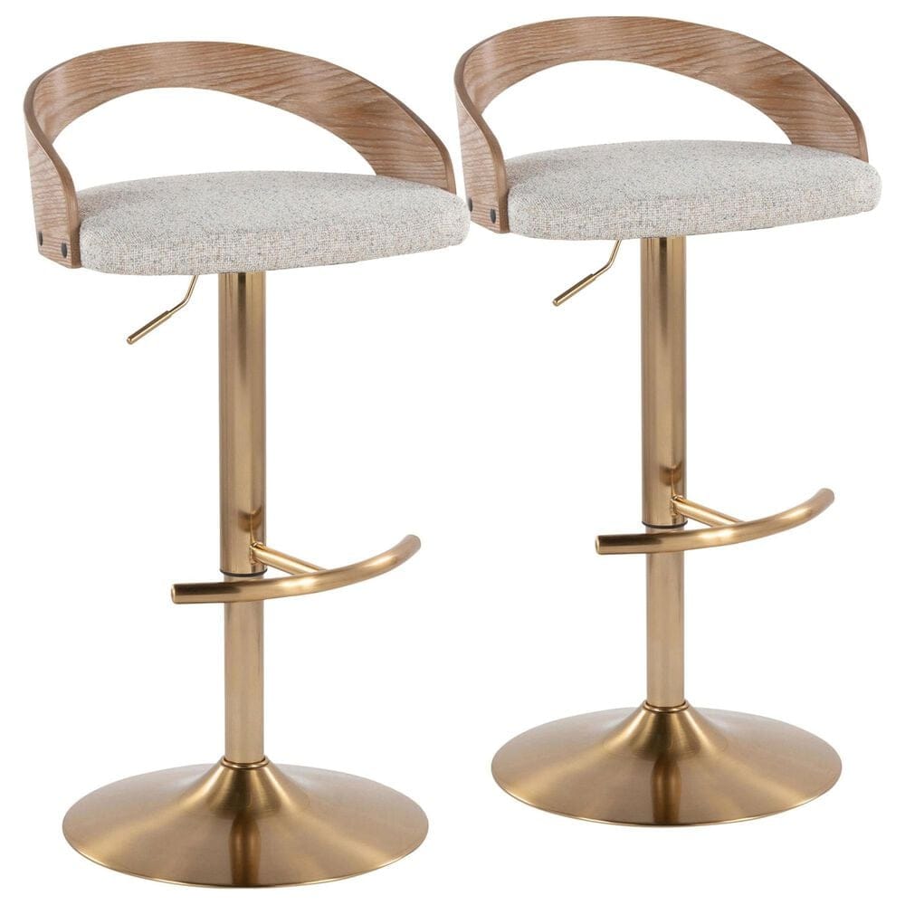 LumiSource Grotto Adjustable Swivel Barstool with Oat Fabric Upholstery in Gold and Whitewashed (Set of 2), , large