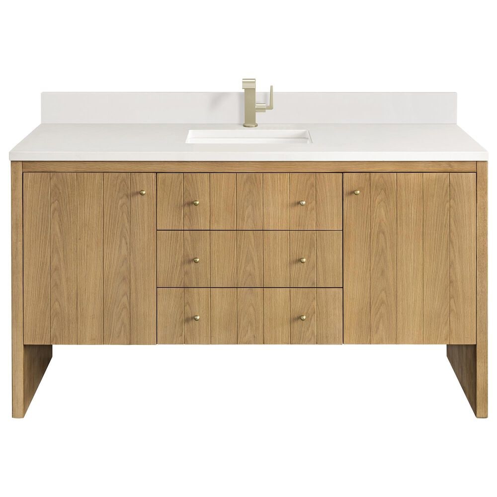 James Martin Vanities Hudson 60" Single Bathroom Vanity in Light Natural Oak with Single Hole 3 cm White Zeus Quartz Top and Rectangular Sink, , large