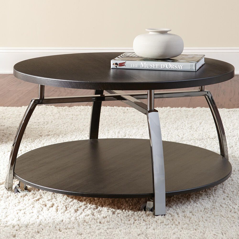Steve Silver Furniture Coham Round Cocktail Table with Casters in Black Nickel and Espresso Brown, , large
