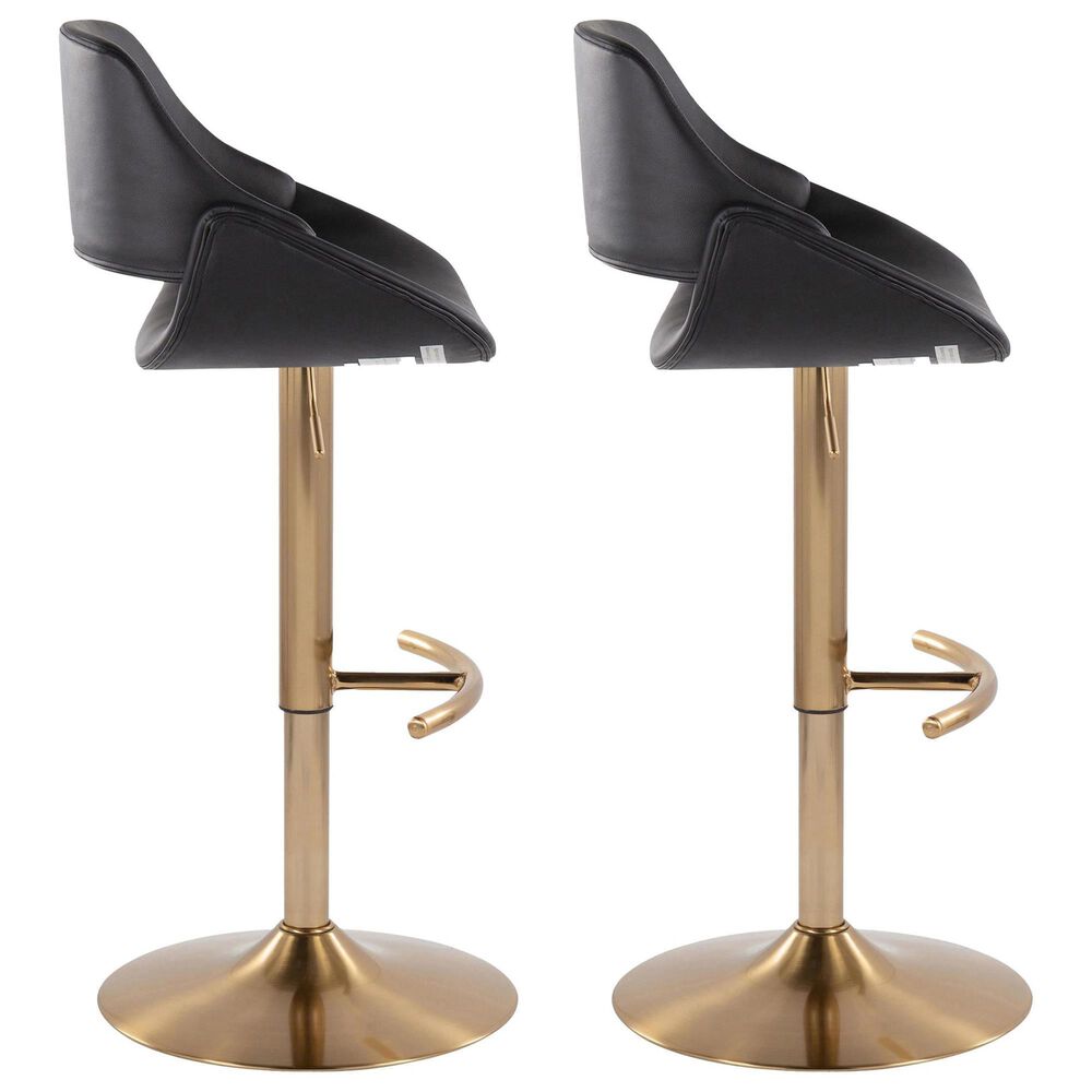 LumiSource Fabrico Swivel Adjustable Bar Stool with Black Faux Leather Upholstery and Rounded T Footrest in Gold (Set of 2), , large