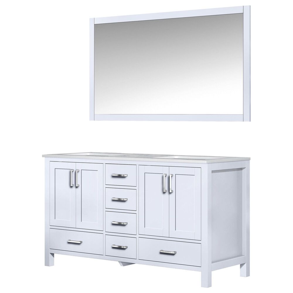 Lexora Home Jacques 60" Double Bathroom Vanity in White with Carrara Marble Top, Rectangle Sinks and Mirror, , large