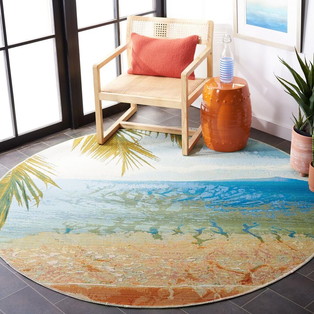 Safavieh Barbados Tropical Beach 6&#39;6&quot; Round Gold and Blue Indoor/Outdoor Area Rug, , large