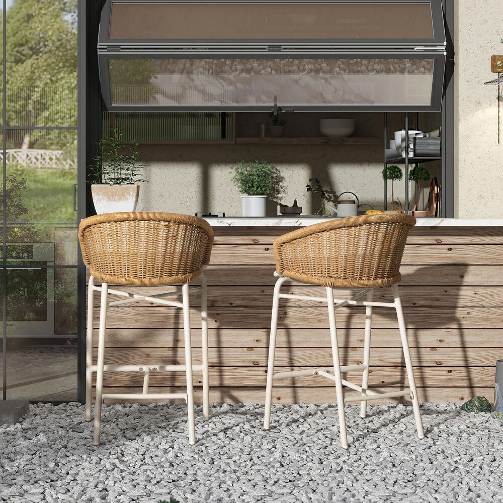 Hearth and Haven Santorini Outdoor Barstool with Wicker Backrest and Cushions in Beige (Set of 2), , large