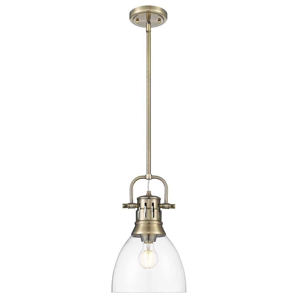 Golden Lighting Duncan 1-Light Small Pendant with Rod and Clear Shade in Aged Brass, , large