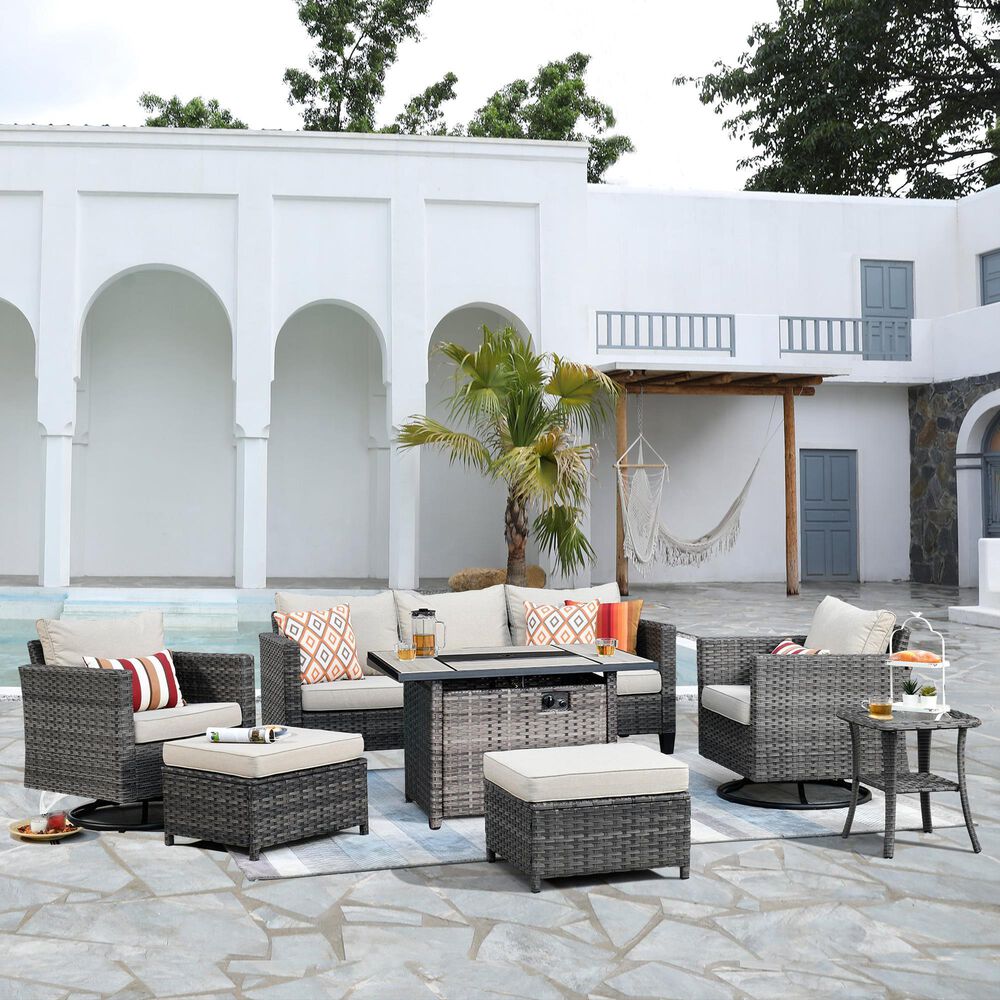 HOMLUX 7-Piece Patio Conversation Set with Rocking Chairs and Fire Pit Table in Beige, , large