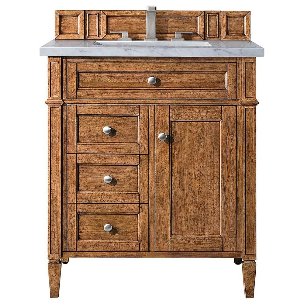James Martin Vanities Brittany 30" Single Bathroom Vanity in Saddle Brown with 3 cm Eternal Jasmine Pearl Quartz Top and Rectangular Sink, , large