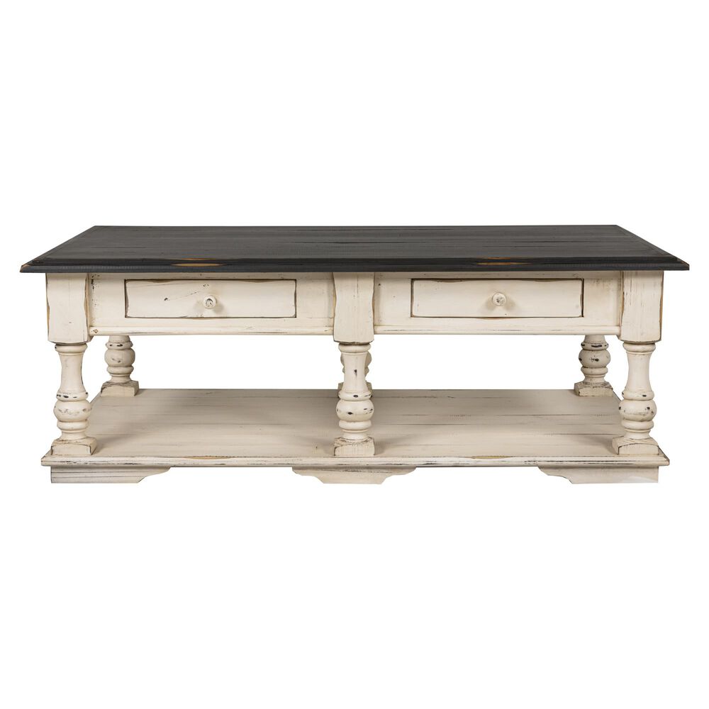 Santa Fe Rustic Coffee Table with 4 Drawers in Antique White and Grey, , large