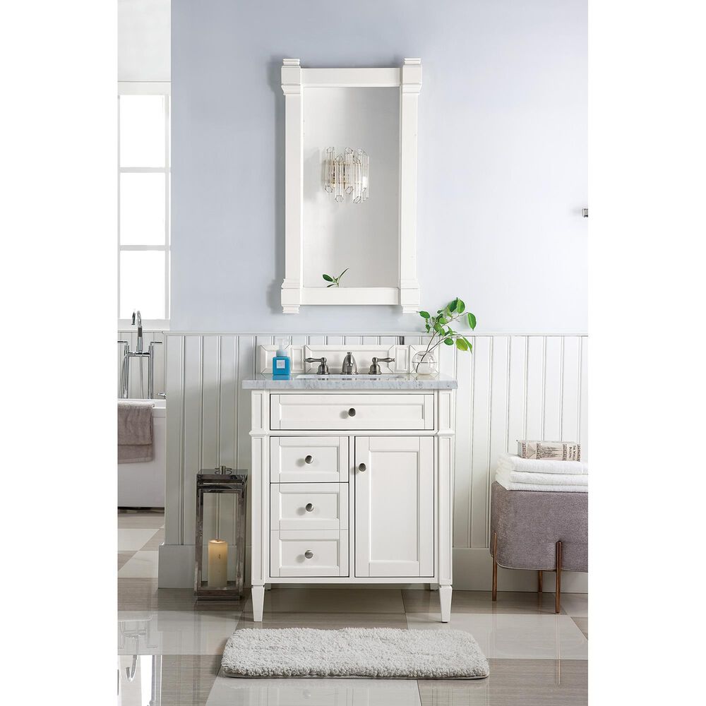 James Martin Vanities Brittany 30&quot; Single Bathroom Vanity in Bright White with 3 cm Carrara White Marble Top and Rectangle Sink, , large