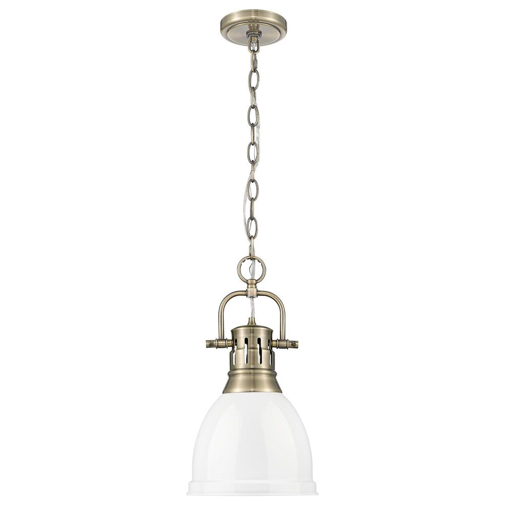 Golden Lighting Duncan 1-Light Small Pendant with Chain and White Shade in Aged Brass, , large