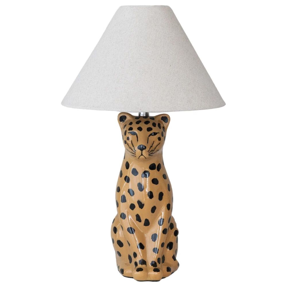 Teak Interiors Collected Notions Ceramic Cheetah Table Lamp with Linen Shade, Inline Switch in Yellow and Black, , large
