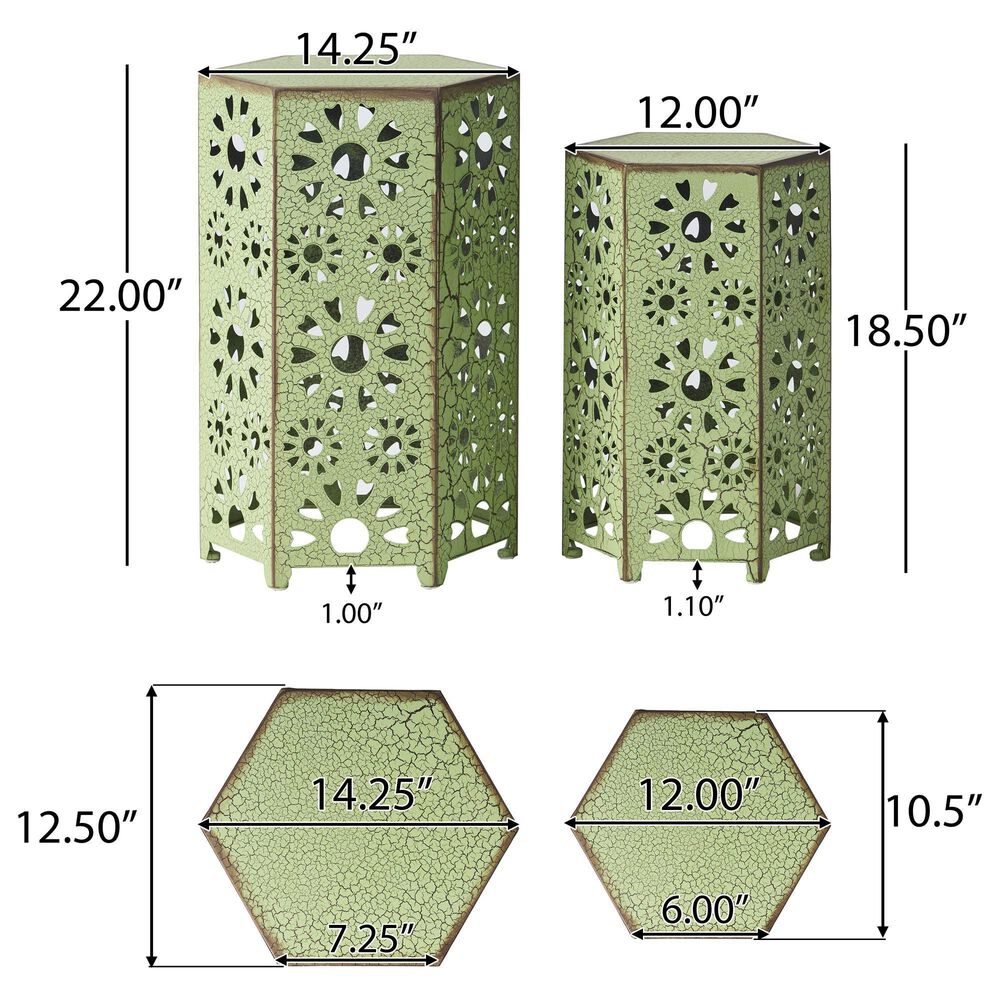 Hearth and Haven Eliana 2-Piece Outdoor Hexagon Metal Side Table Set with Sunburst Cut Out Design in Green, , large
