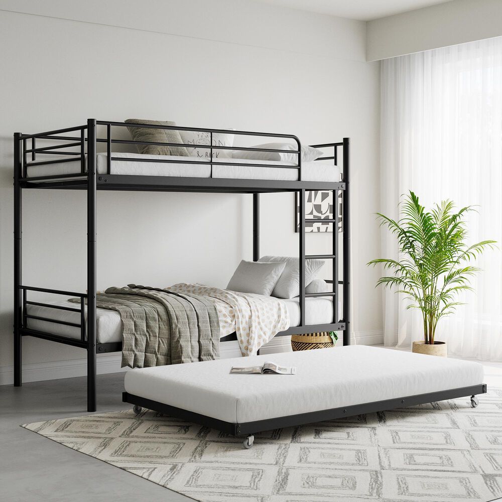 Hearth and Haven Twin Metal Bunk Bed with Trundle Ladder and Full-Length Guardrail in Black, , large