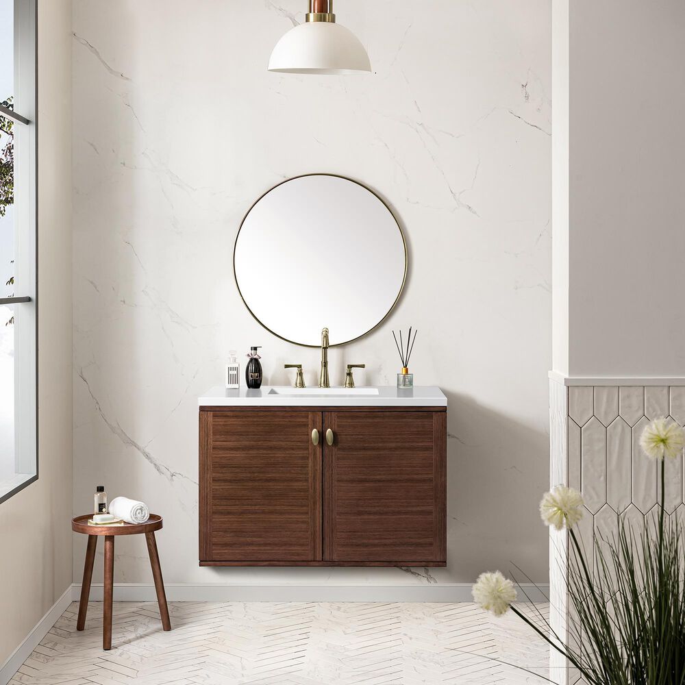 James Martin Vanities Amberly 36&quot; Single Bathroom Vanity in Walnut with 3 cm White Zeus Quartz Top and Rectangular Sink, , large