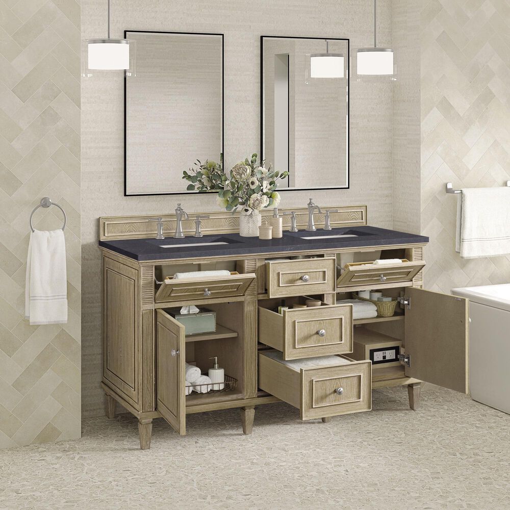 James Martin Vanities Lorelai 60&quot; Double Vanity in Whitewashed Oak with 3 cm Charcoal Soapstone Quartz Top, , large
