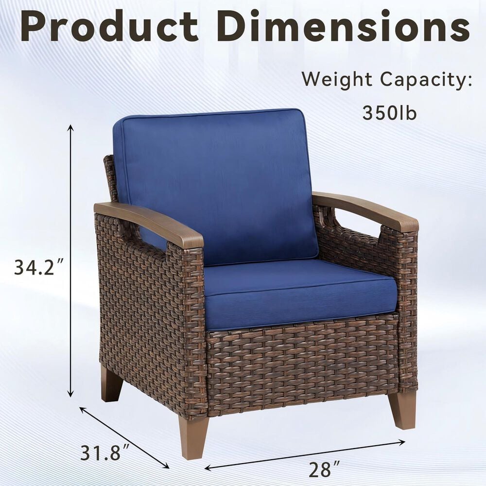 Sunwell Garden Patio Stationary Chair with Brown Frame and Widened Armrests in Navy (Set of 2), , large