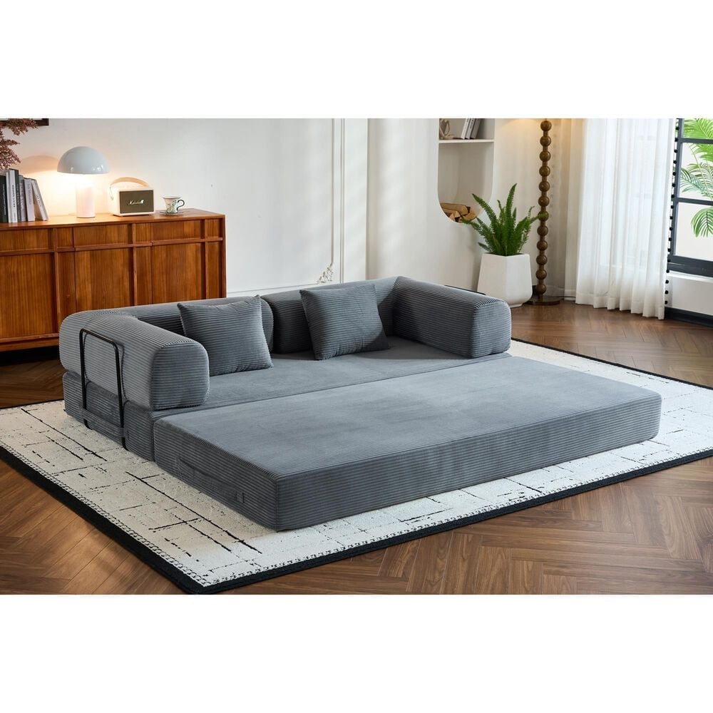 GigaCloud Corduroy Convertible Sleeper Sofa with Cylindrical Pillow in Gray, , large