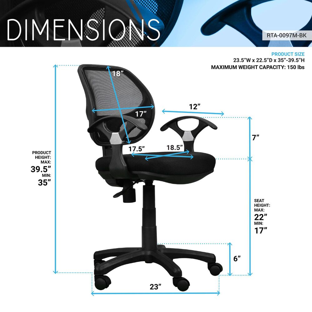 Rta Products Llc Midback Mesh Task Office Chair in Black, , large