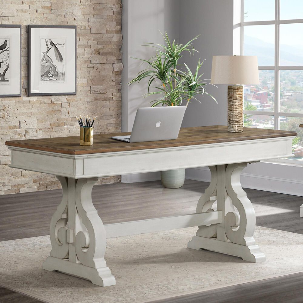 Hawthorne Furniture Drake 60&quot; Writing Desk in Rustic White and French Oak, , large