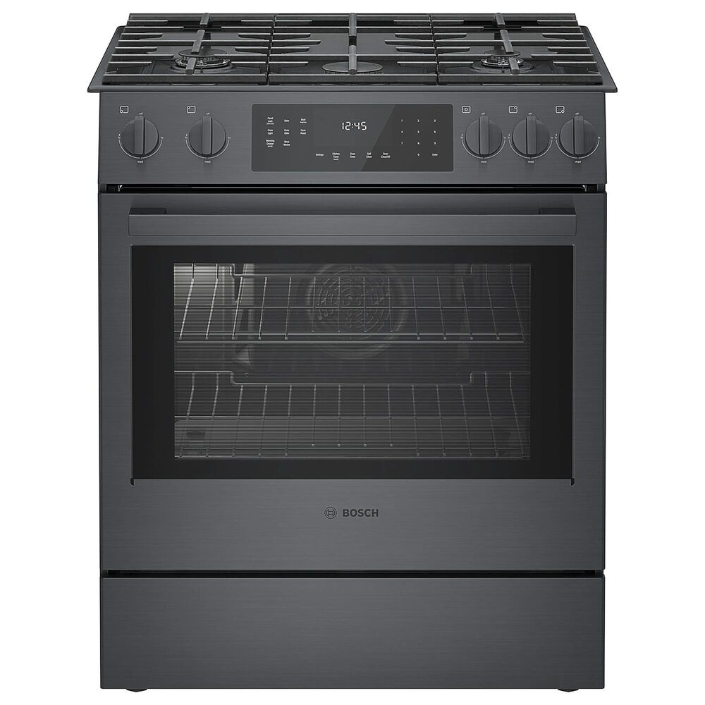 Bosch 800 Series 2-Piece Kitchen Package with 4.8 Cu. Ft. Gas Slide-in Range and 1.9 Cu. Ft. Over-The-Range Microwave in Black Stainless Steel, , large