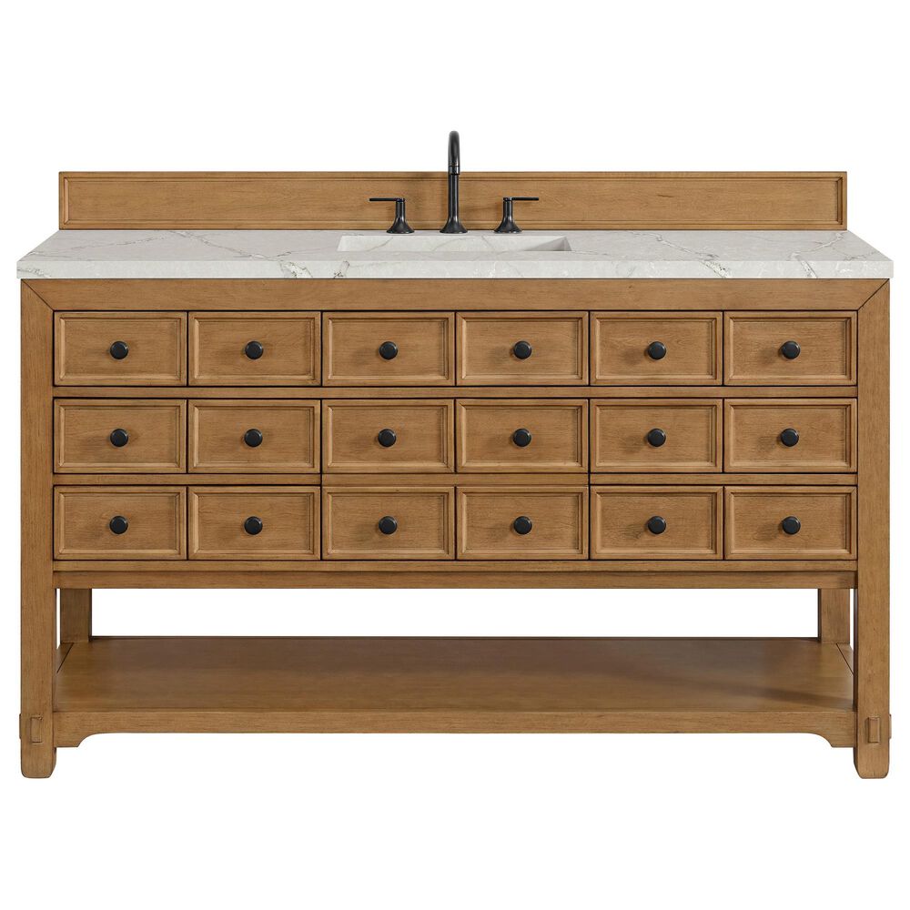 James Martin Malibu 60" Single Bathroom Vanity in Amber Birch with 3 cm Victorian Silver Quartz Top and Rectangular Sink, , large