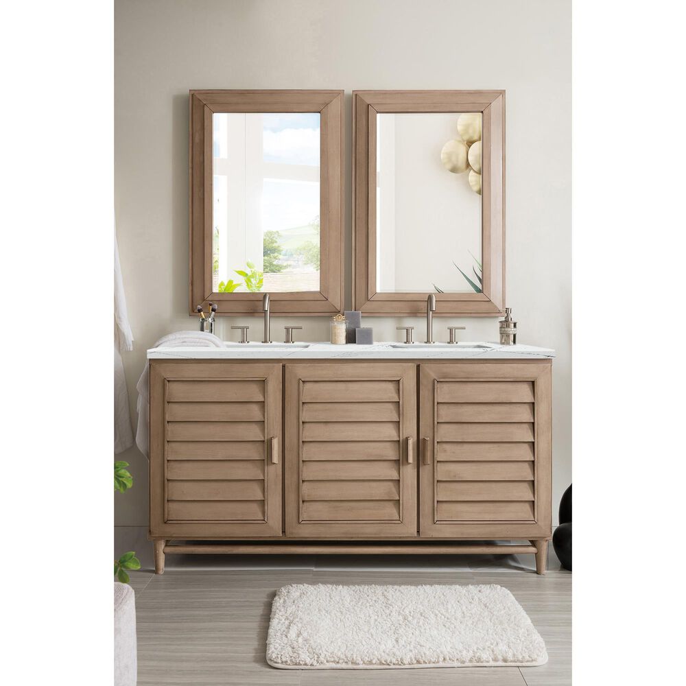 James Martin Vanities Portland 60&quot; Double Bathroom Vanity in Whitewashed Walnut with 3 cm Ethereal Noctis Quartz Top and Rectangular Sinks, , large