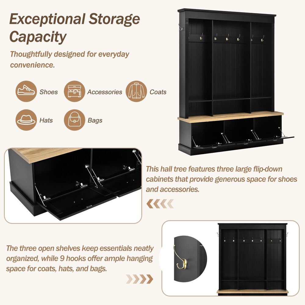 HOMLUX 9-Hook Hall Tree with 3-Cabinet in Black and Natural, , large