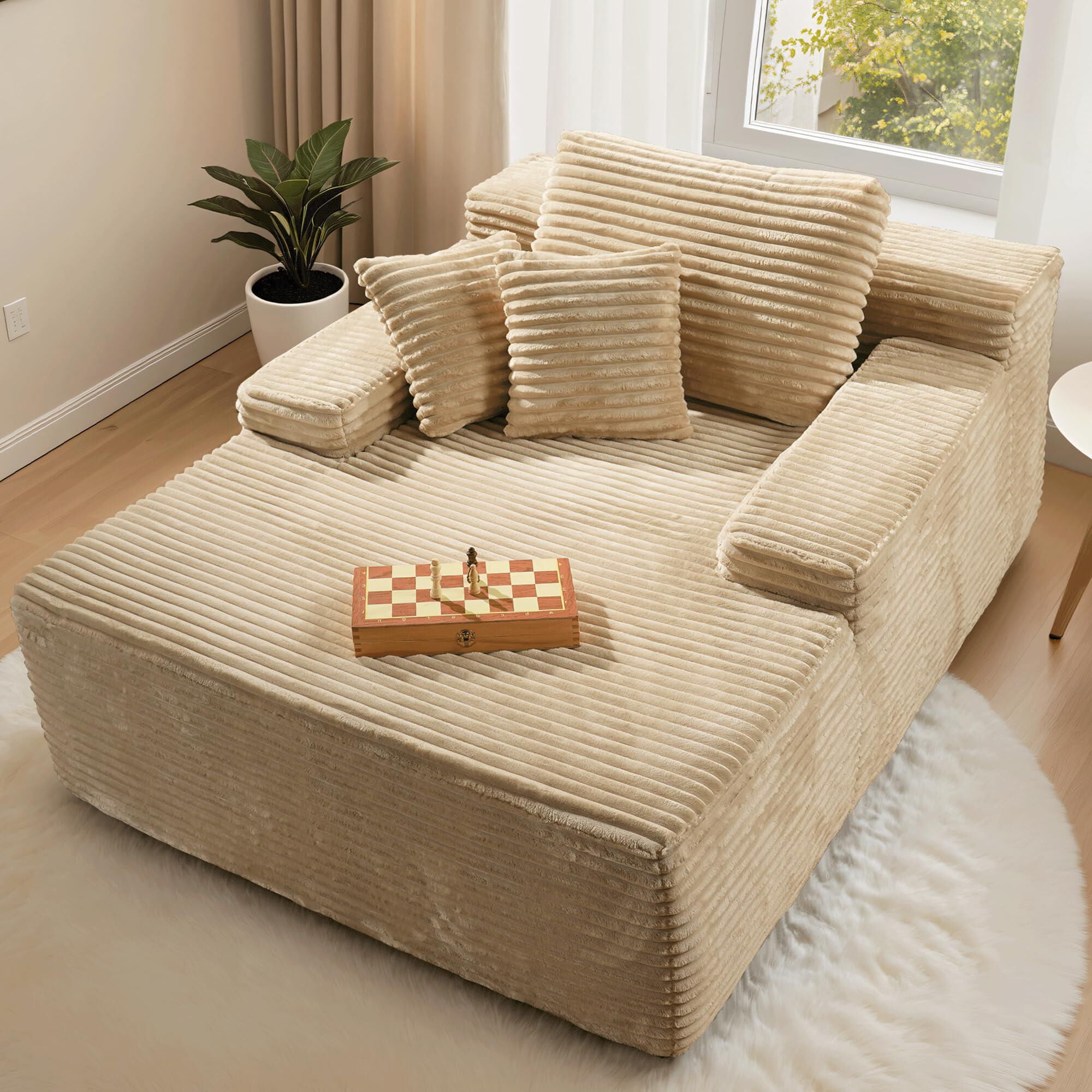 HOMLUX Cloud Faux Fur Chaise Lounge with Plush Pillows in Beige