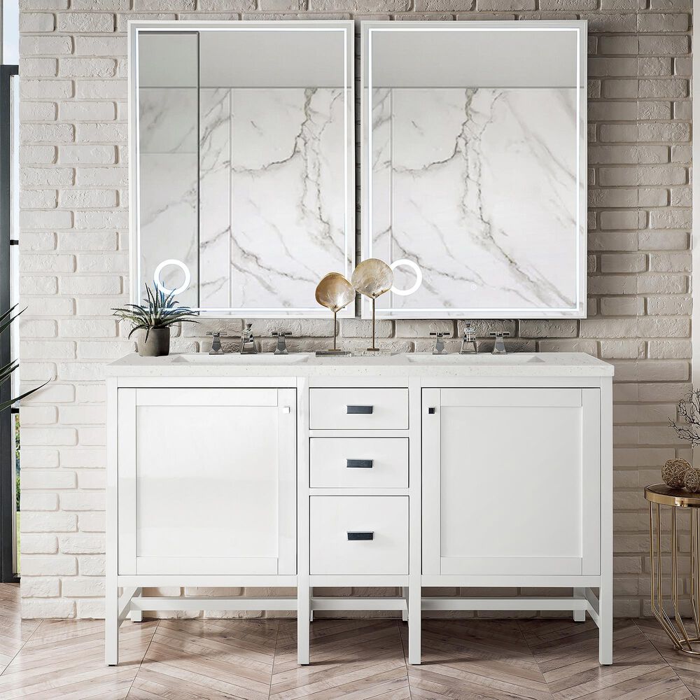 James Martin Vanities Addison 60&quot; Double Bathroom Vanity in Glossy White with 3 cm Lime Delight Quartz Top and Rectangular Sinks, , large
