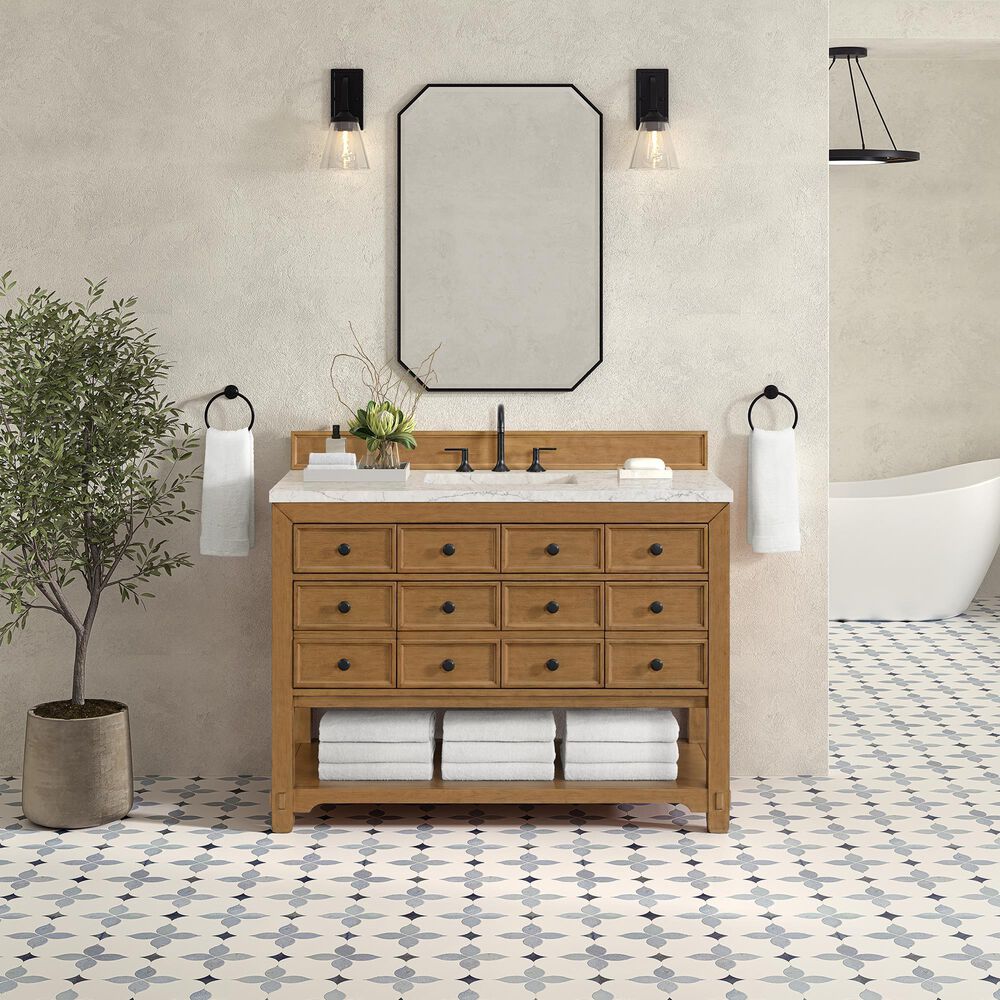 James Martin Malibu 48&quot; Single Bathroom Vanity in Amber Birch with 3 cm Eternal Jasmine Pearl Quartz Top and Rectangular Sink, , large