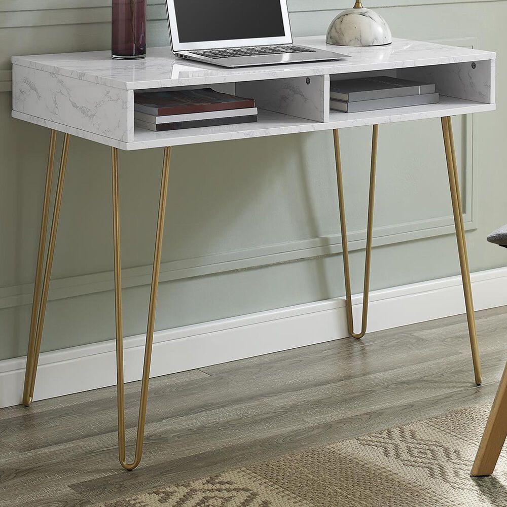 Novogratz Athena Computer Desk With Storage In White Marble Nebraska Furniture Mart