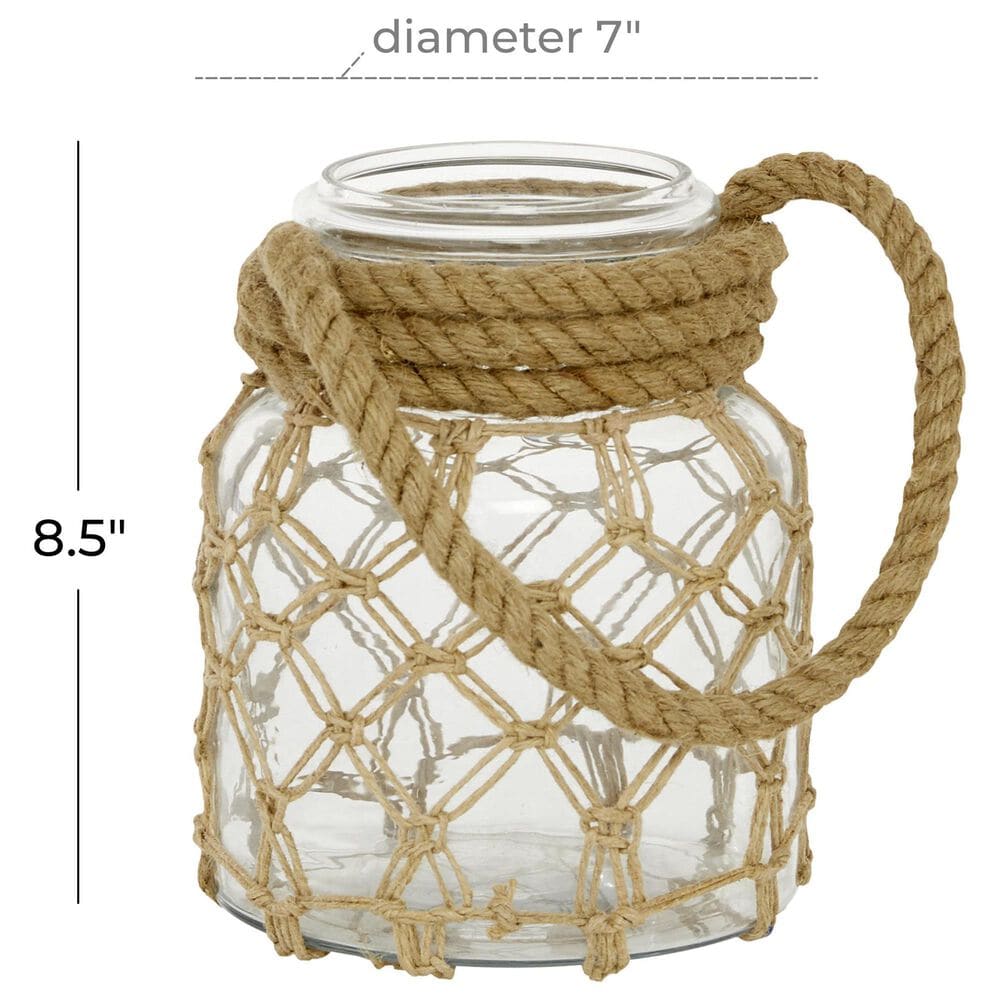 Maple and Jade 9&quot; Decorative Indoor/Outdoor Candle Lantern with Rope Handle in Clear and Brown, , large
