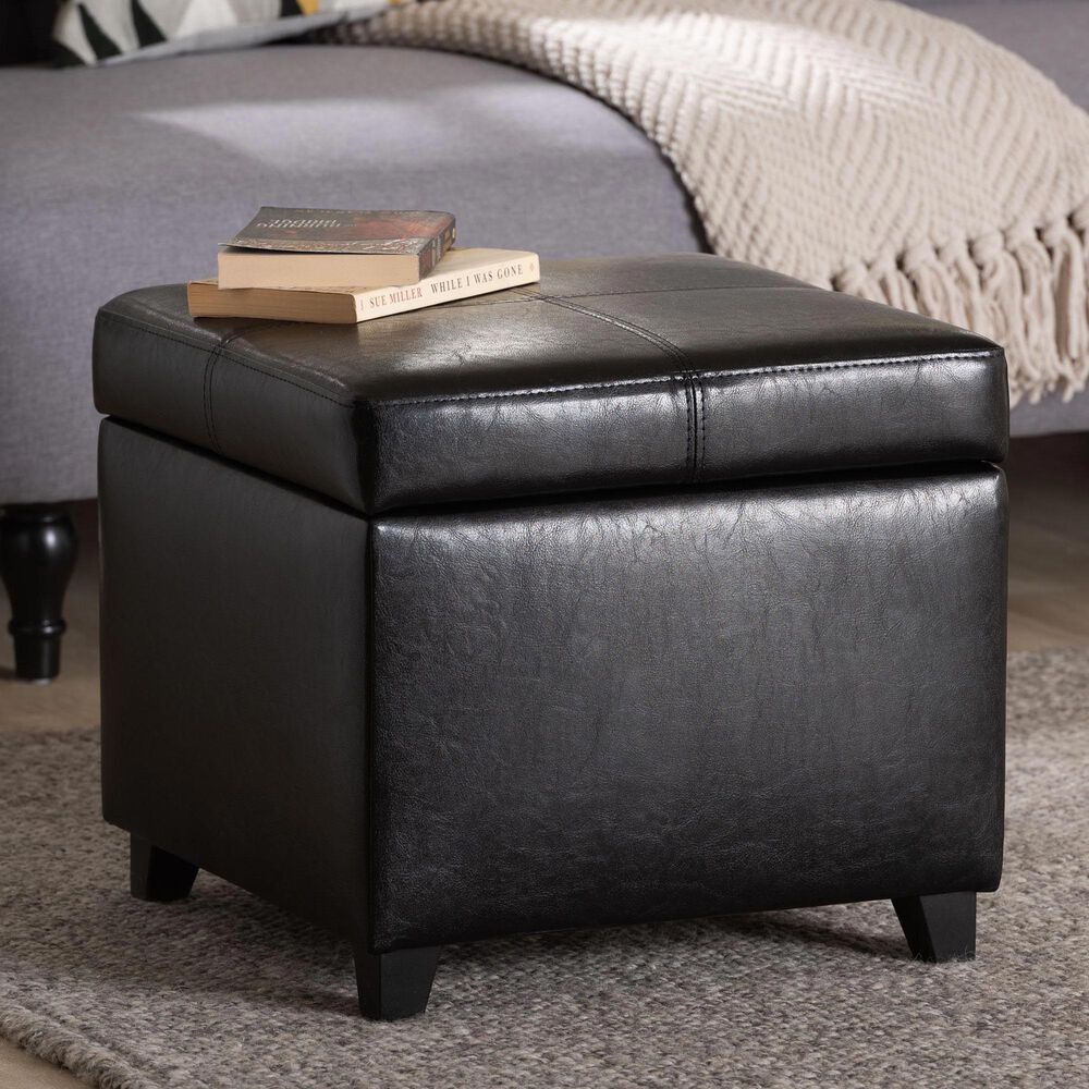 Baxton Studio Leather Cube Storage Ottoman in Black, , large