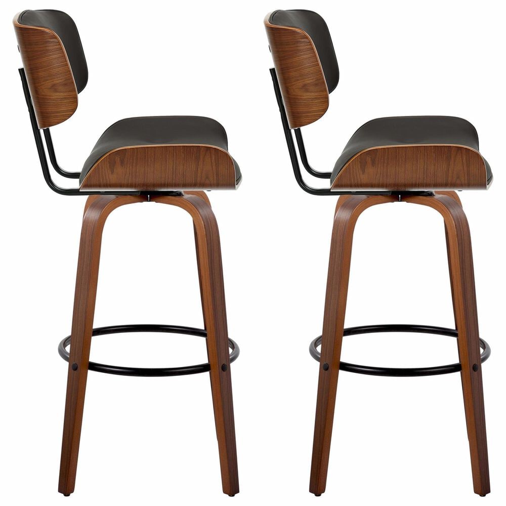 LumiSource Lombardi 30" Swivel Barstool with Espresso Faux Leather Upholstery in Walnut and Black (Set of 2), , large
