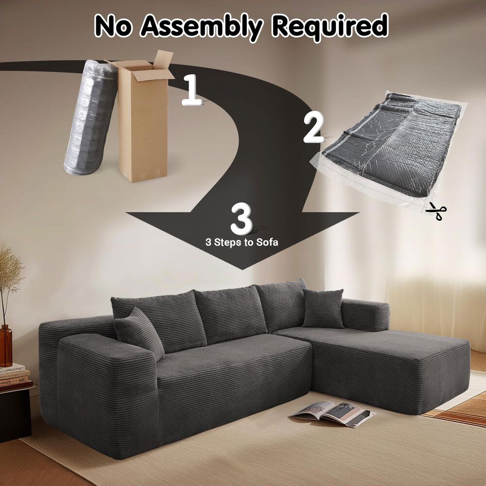 HOMLUX 104" Cloud Sectional Couch Upholstered Modular Sofa with Right L-Shape Chaise, Corduroy Fabric in Gray, , large