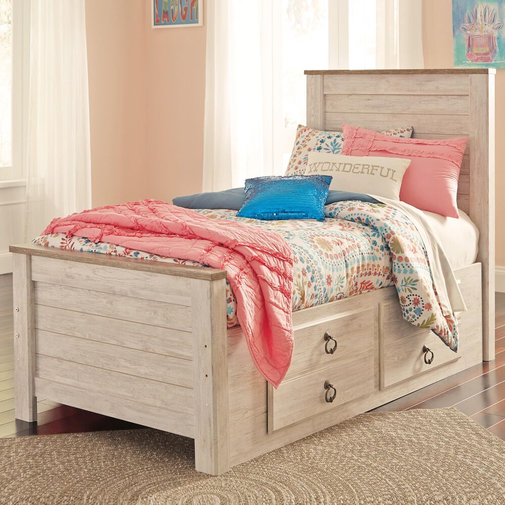 Ashley Willowton Twin Panel Bed with 2 Storage Drawers in Whitewash, , large