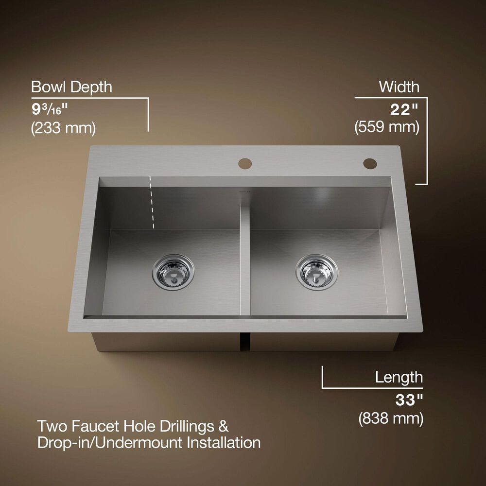 Kohler Task Smart Divide 33" Undermount Double-Bowl Workstation Kitchen Sink in Stainless Steel, , large