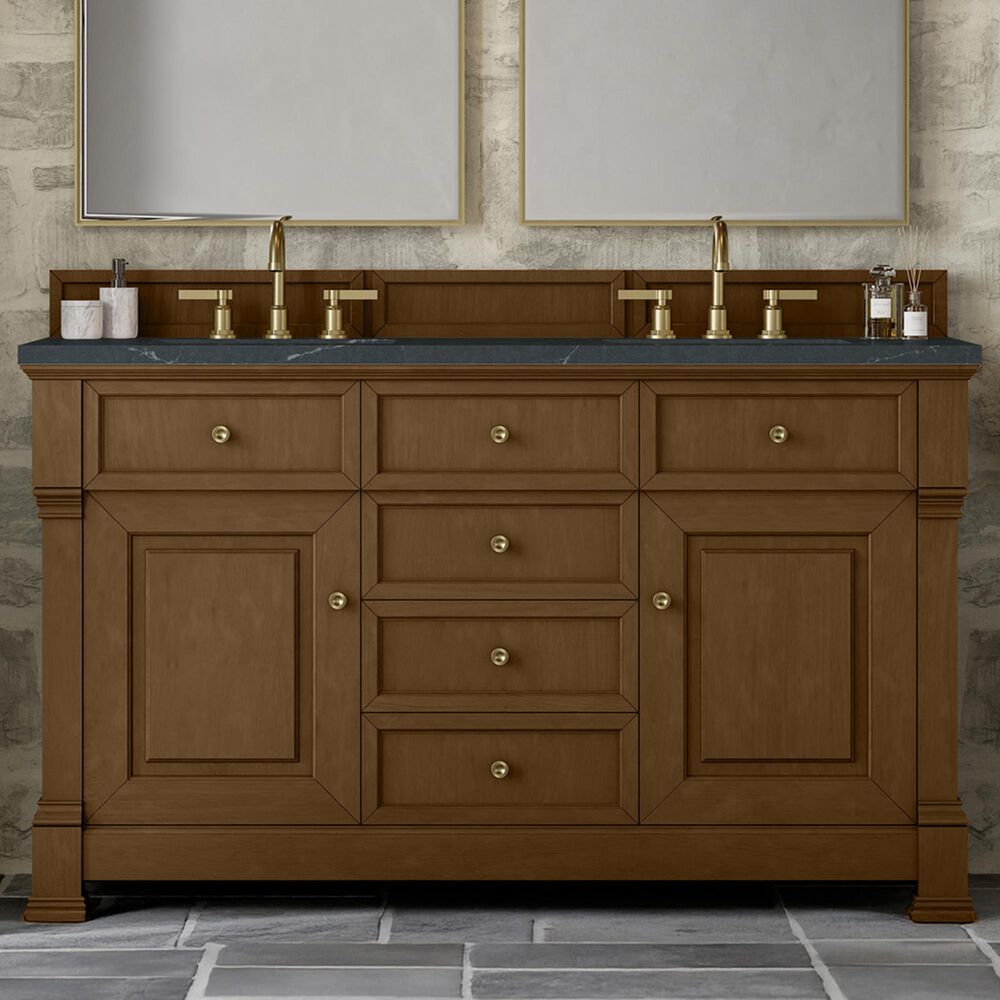 James Martin Vanities Brookfield 60" Double Bathroom Vanity in Honey Oak with 3 cm Charcoal Soapstone Quartz Top and Rectangular Sinks, , large