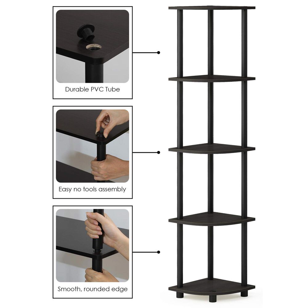 HOMLUX 5-Tier Multi-Purpose Corner Open Bookshelf in Espresso and Black (Set of 2), , large