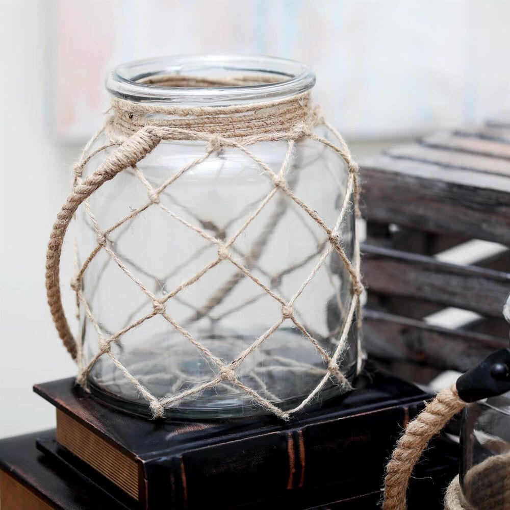 Maple and Jade Handmade Indoor/Outdoor Candle Lantern with Hanging Rope in Brown and Clear, , large