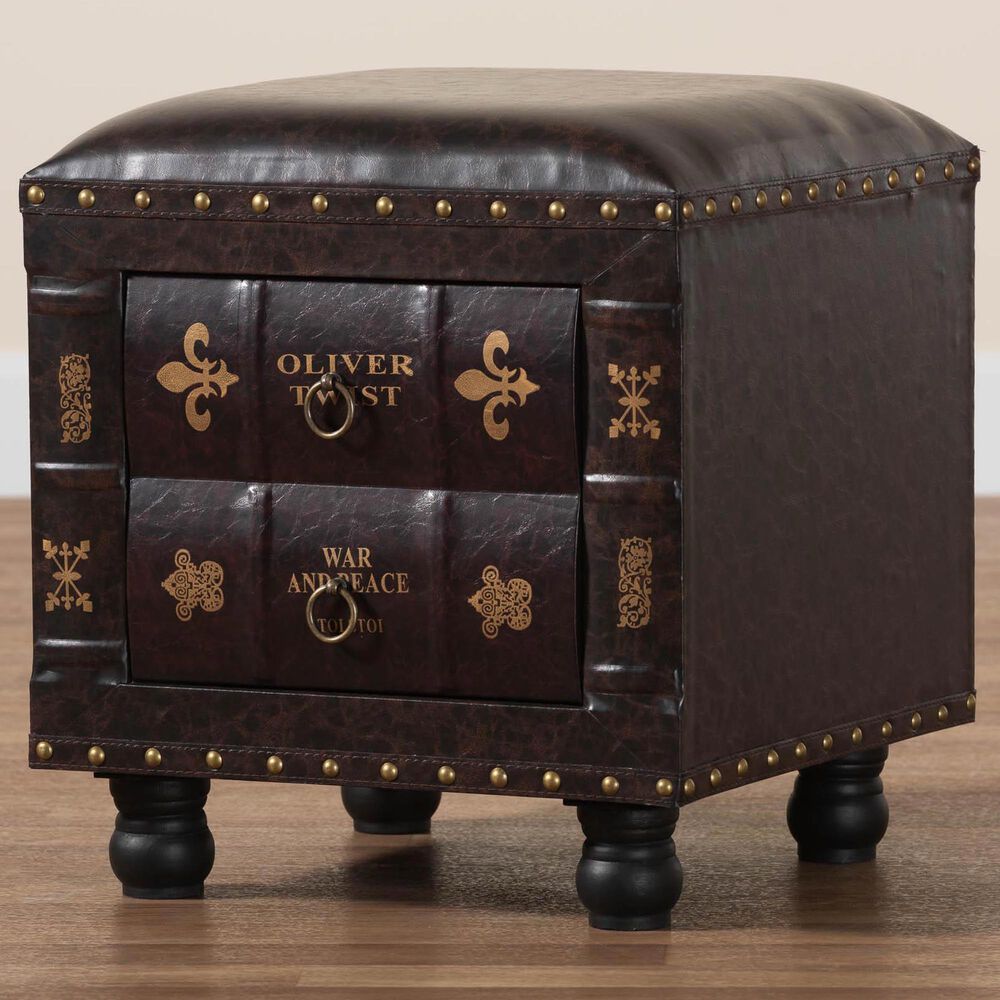 Baxton Studio Charlier Storage Ottoman with Book Spine Drawer in Dark Brown, , large
