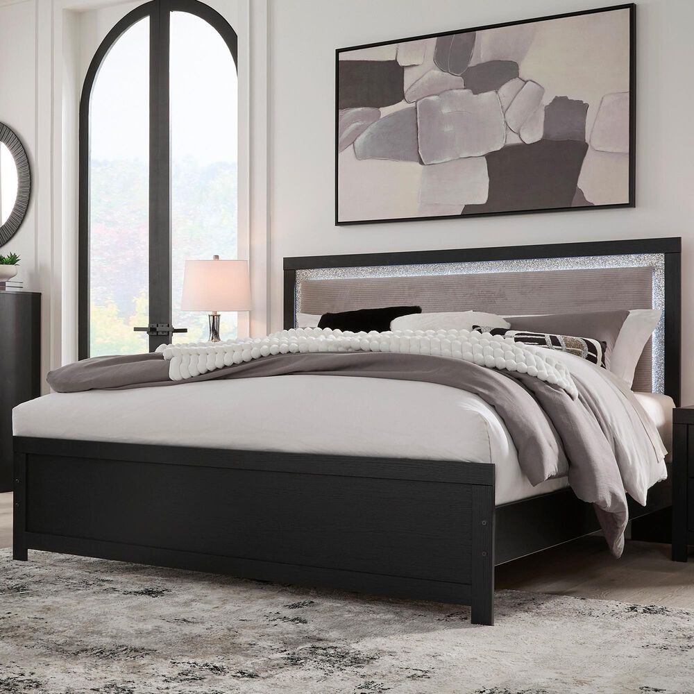 Ashley Maeling King Upholstered Panel Bed in Matte Black with LED Light, , large