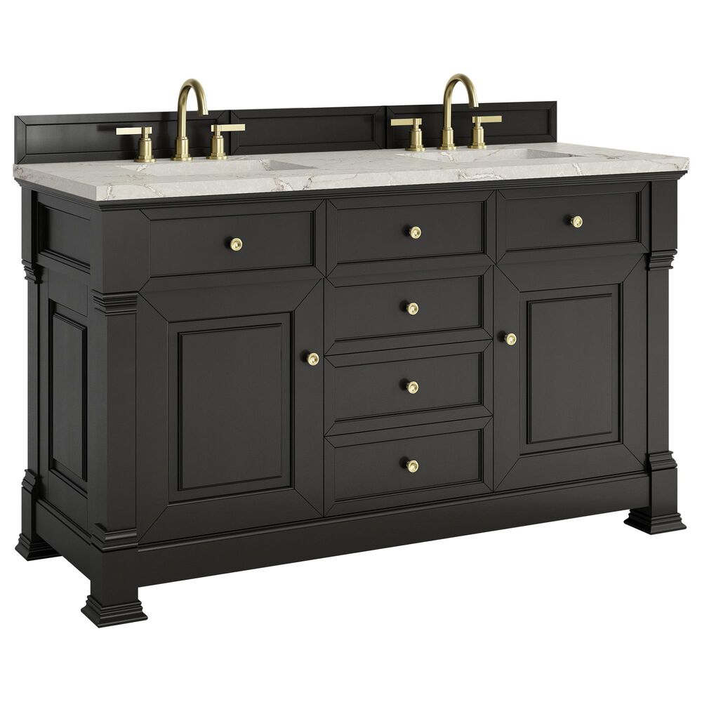 James Martin Vanities Brookfield 60" Double Bathroom Vanity in Black Onyx with 3 cm Victorian Silver Quartz Top and Rectangular Sinks, , large