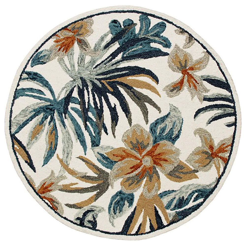 L&R Resources Sinuous Tropical Paradise Floral 6" Round White, Blue and Tan Area Rug, , large