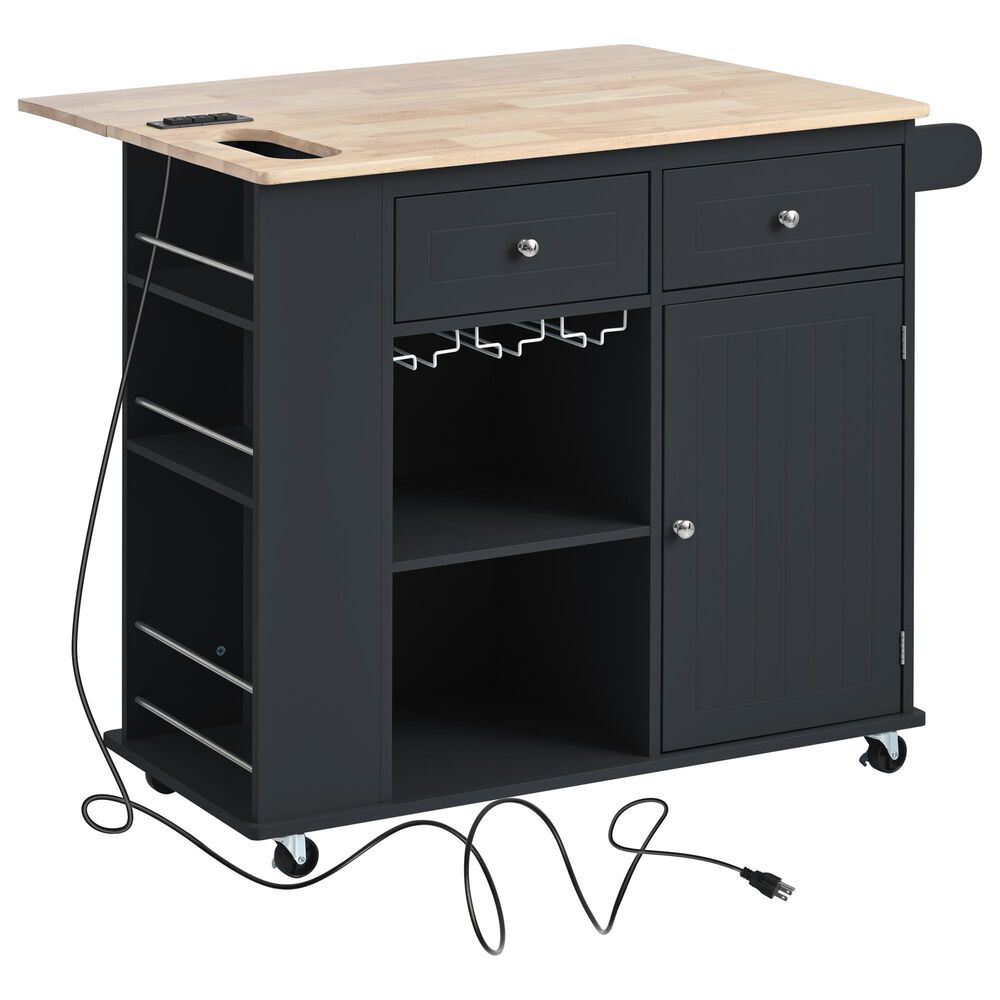 HOMLUX Kitchen Island with Power Outlet and Drop Leaf in Black, , large