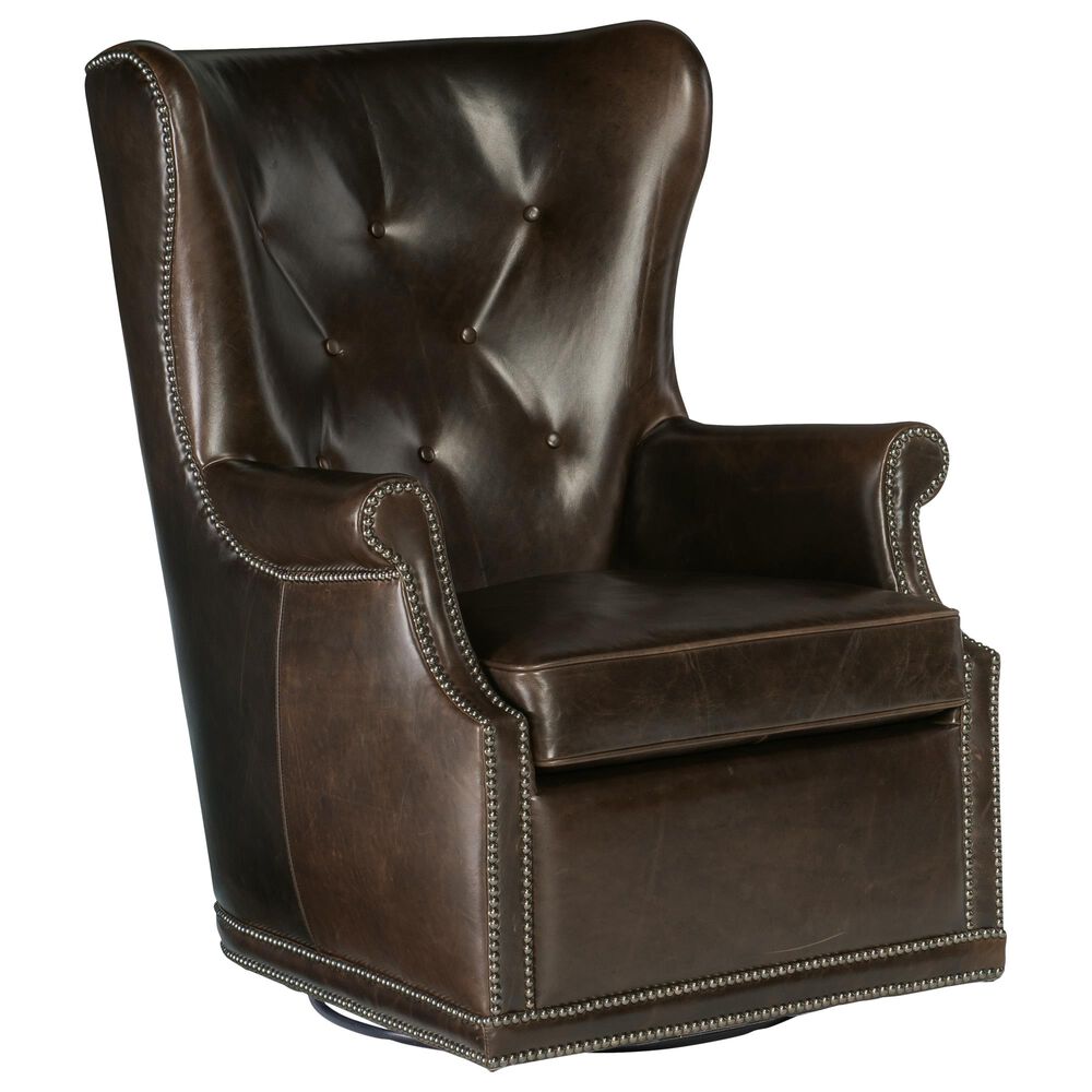 Hooker Furniture Maya Leather Wing Swivel Chair in Brown, , large